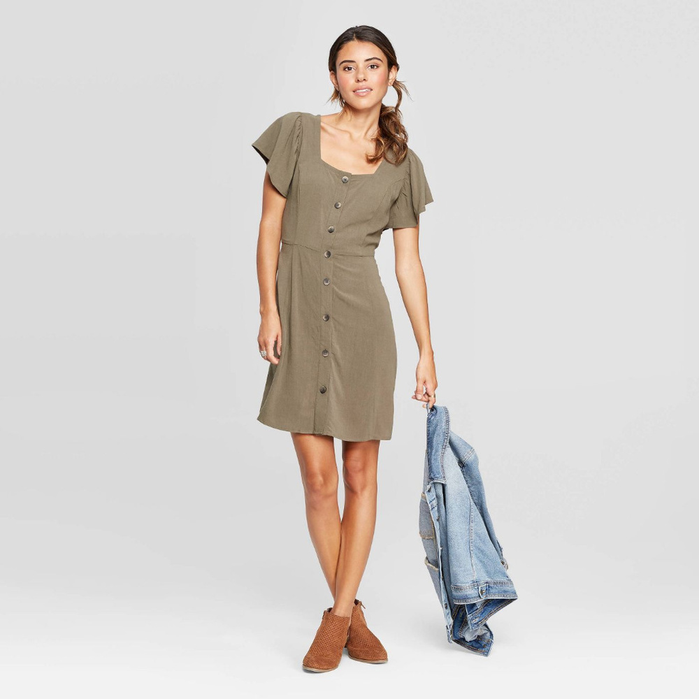 Square Neck Mini Button Front Dress Olive
